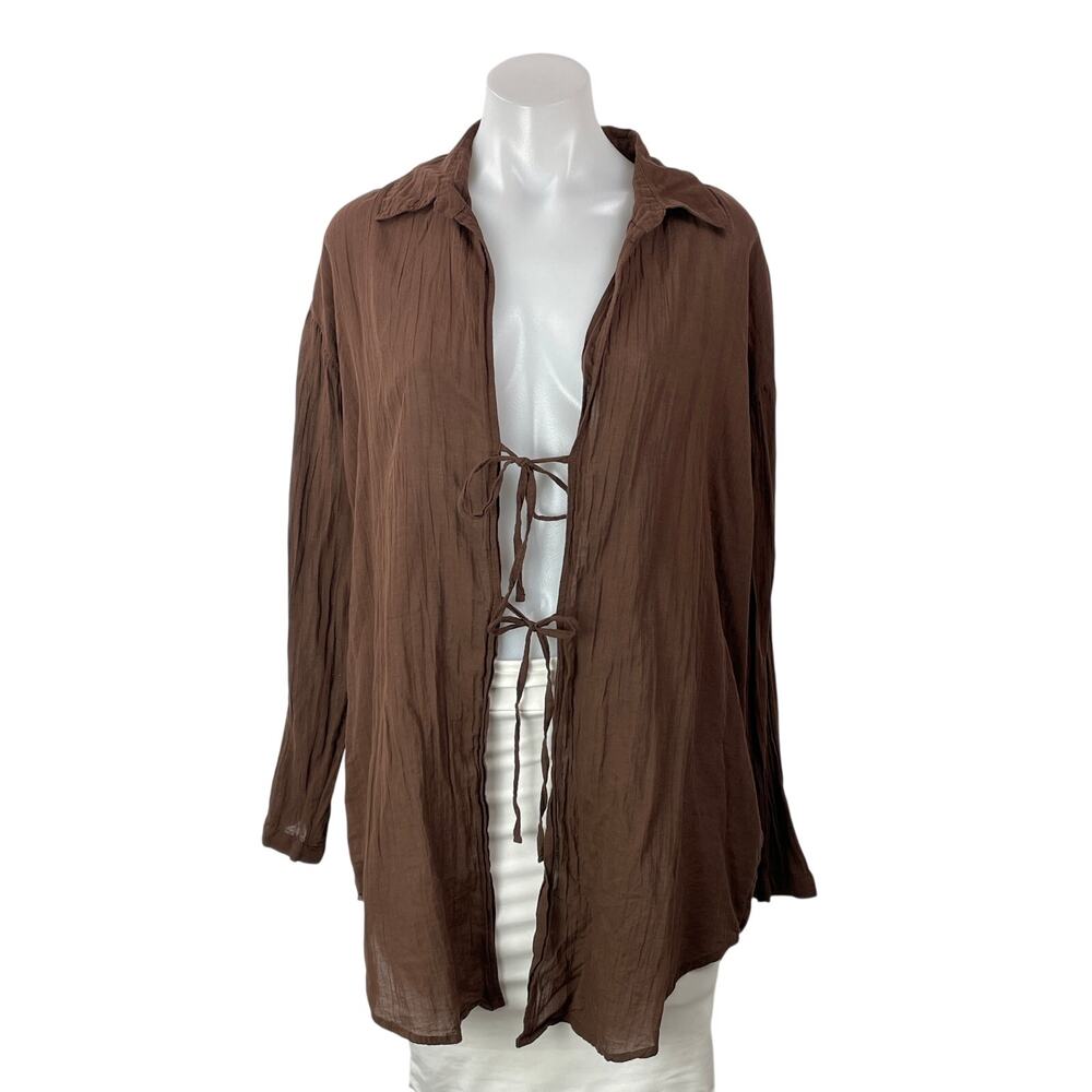 Abercrombie & Fitch Women's Brown Long Sleeves Open Front Tie Shirt Blouse Top M